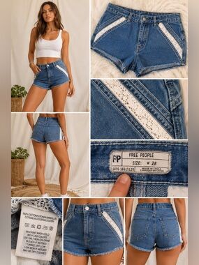 Free People Denim Lace Panel Shorts Size 28 Blue Jean Raw Hem Boho Festival
